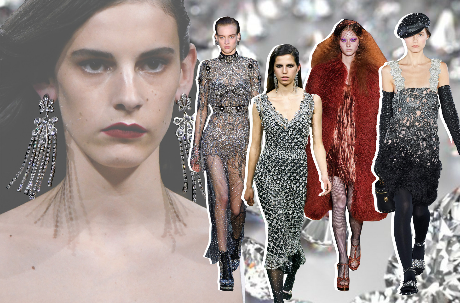 A collage of Paco Rabanne, Balmain, Michael Kors and Alexander McQueen
