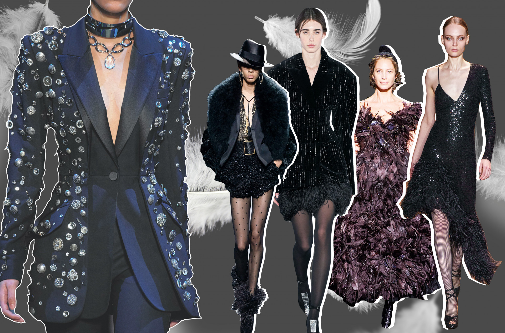 A collage of Alexander McQueen, Saint Laurent, Marc Jacobs, Balmain and Michael Kors