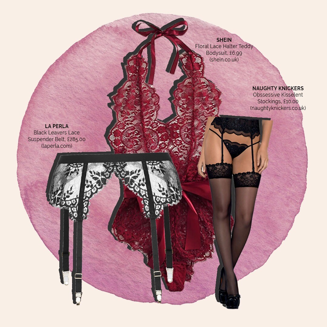 SHEIN lace bodysuit, Naughty Knickers stockings and the La Perla suspender belt