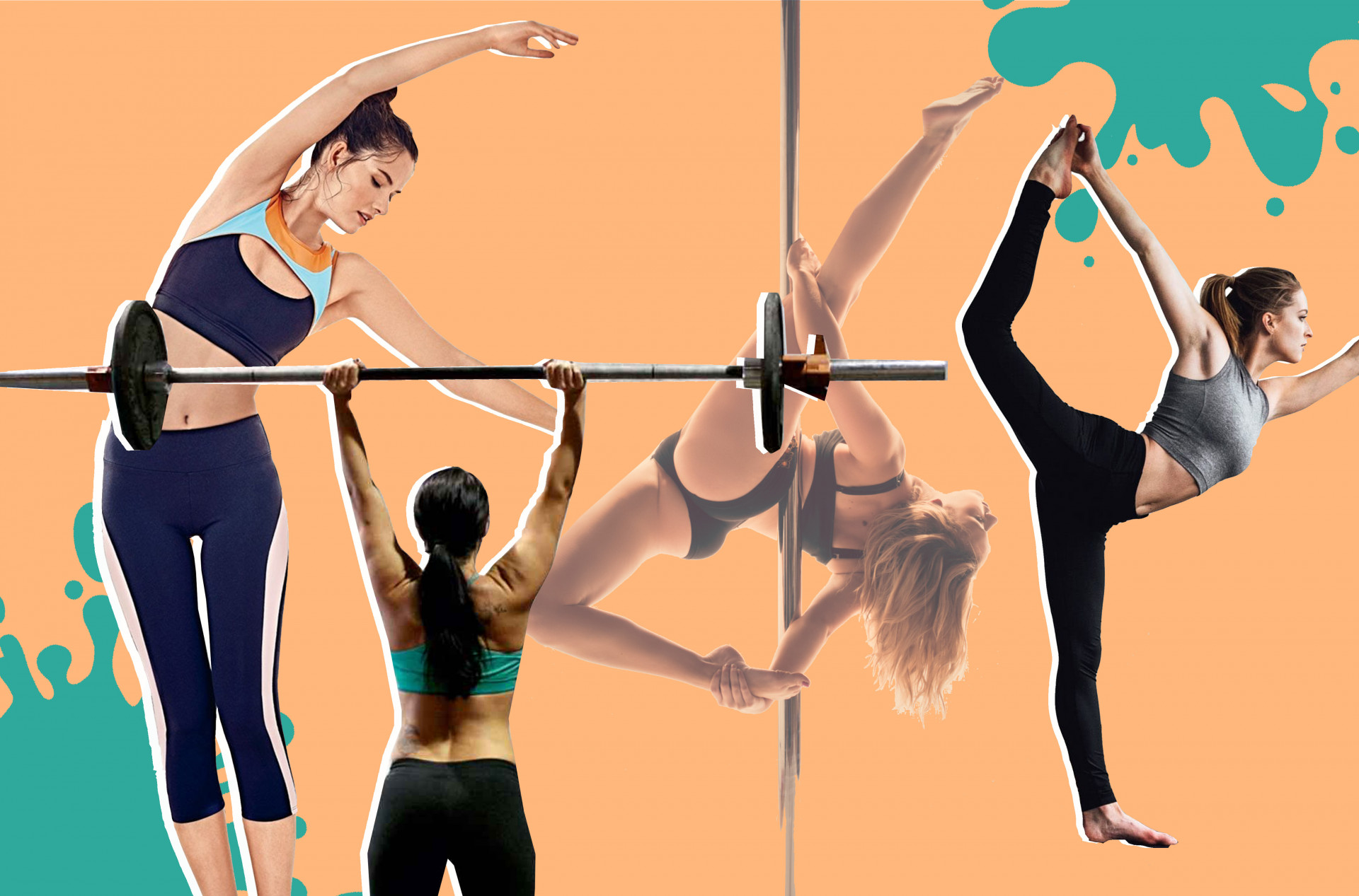 Collage of Barre fitness, Cross Fit, Pole fitness and Yoga poses