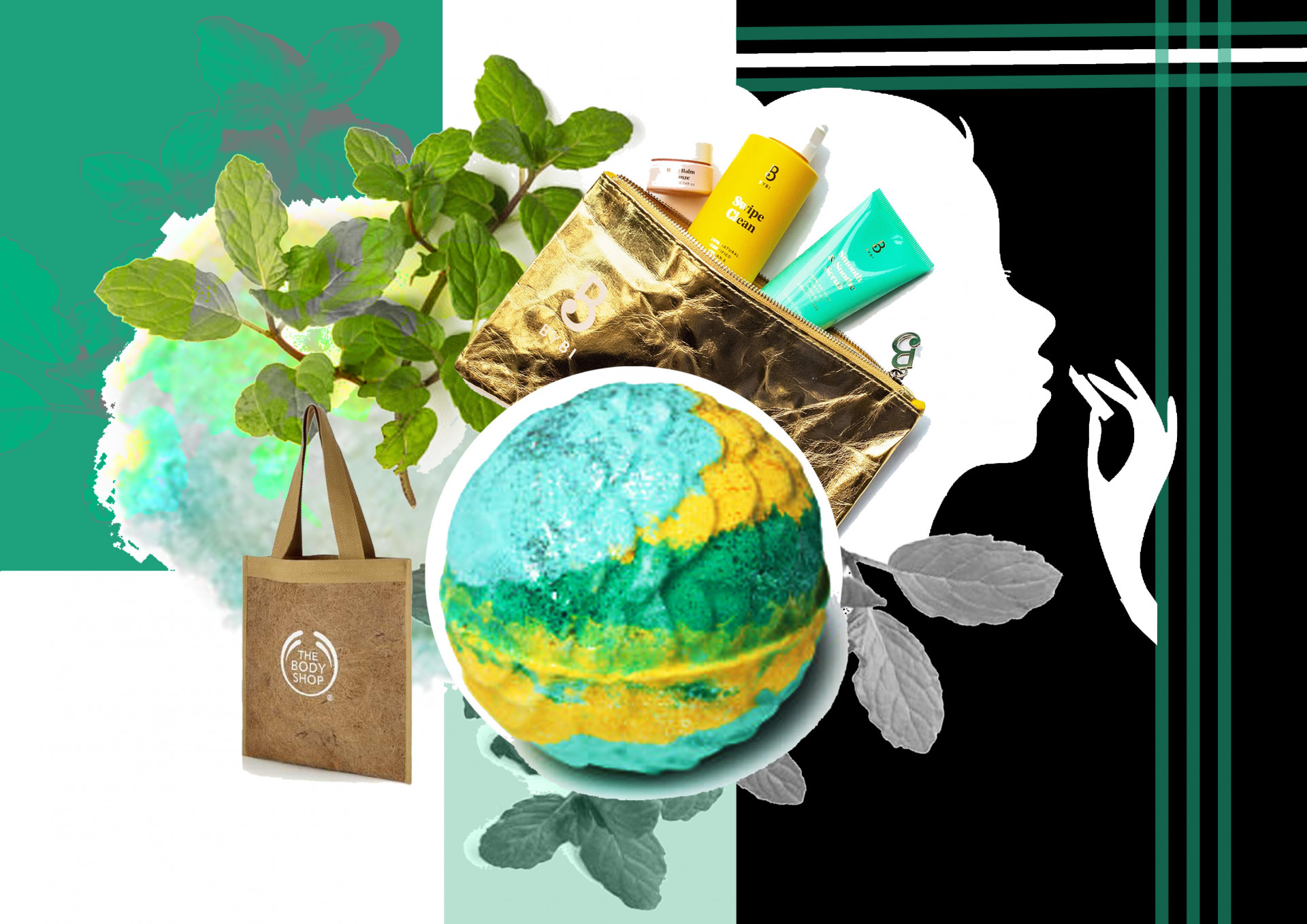 Lush bath bomb, BYBI products, The Body Shop products
