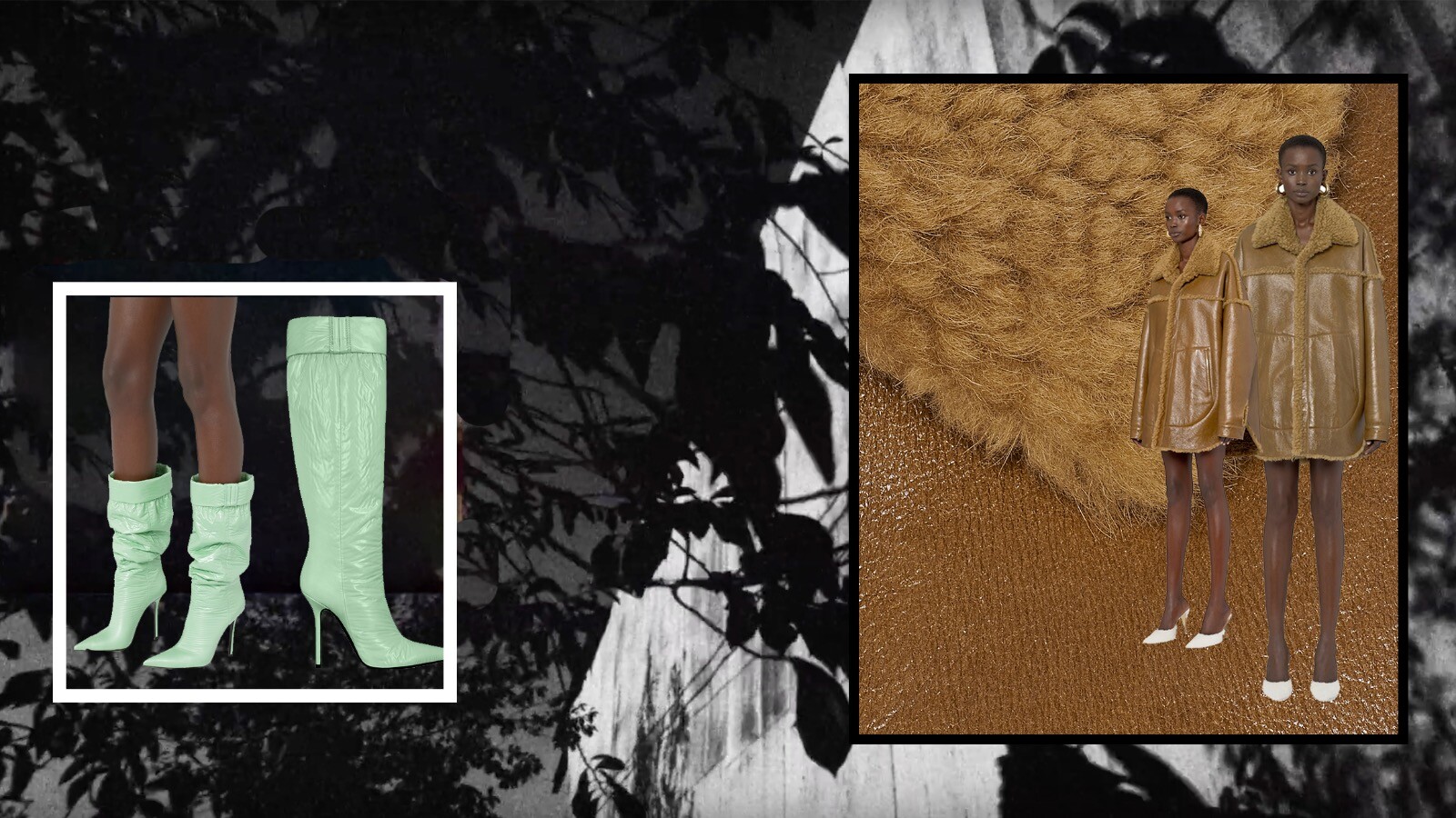 'The Puffer Boots' in light matcha and 'Oversized Shirling Coat' overlayed with Katsu Naito's photography