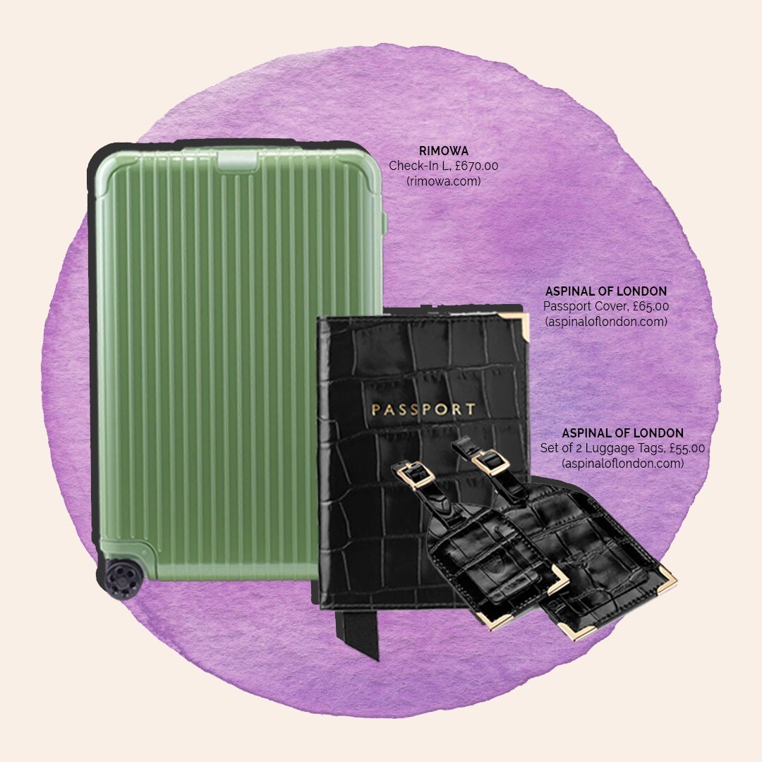 Rimowa Suitcase in Sage and a matching passport cover and luggage tags from Aspinal of London