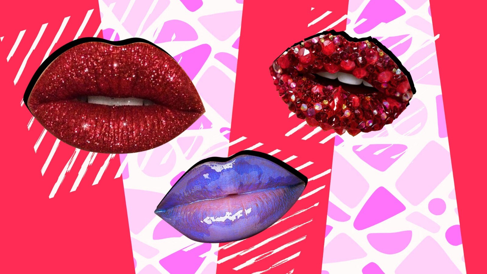 Left: Glitter Lips, Middle: Iridescent Lips, Right: Rhinestone Lips